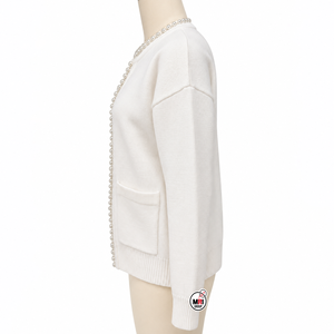 Cárdigan Acrílico Blanco Elegante de Alta Calidad para Mujer, Manga Larga, Cuello Redondo, Detalle de Perlas, Bolsillos, Largo Regular, para Todas las Temporadas - Product Image 4