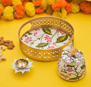 Custom Hand Painted Lotus Pooja Thali Set Gold Cutout Metal Tray Decorative Jar Brass Oil Lamp Diya Bulk - Product Image 6
