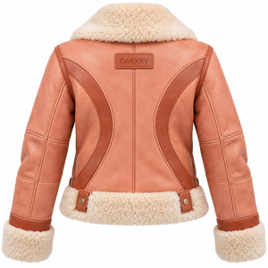 <b>Womens</b> Real Sheepskin Leather Shearling Jacket Peach Cream Plush Fleece Lapel Collar Buckle Strap Cozy Winter Outerwear <b>Coat</b> - Product Image 2