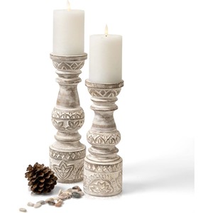 Whitewashed Oak Wood Candle Holders Set | Rustic Wooden <b>Candlestick</b> Wholesale - Product Image 2