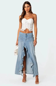 กระโปรงยีนส์ผู้หญิงคุณภาพสูงสไตล์ใหม่ ระบายอากาศได้ดี เอวสูง แต่งระบายชายกระโปรง ผ่าหน้าสุดโดดเด่น สไตล์สตรีทแวร์สุดเท่ - Product Image 5