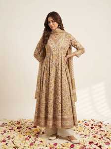 Ensemble Anarkali en coton beige fait main avec dupatta, tenue ethnique traditionnelle pour femme, style printemps-été, imprimé floral - Product Image 3