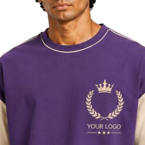 Royal Purple Mens Oversized T Shirt And Shorts <b>Set</b> Beige Contrast Sleeves Custom Logo Crew Neck Casual Streetwear Wholesale - Product Image 6