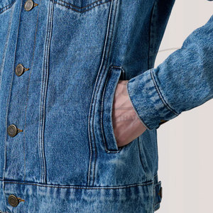 Veste en jean bleu moyen personnalisée pour homme, coupe slim, délavée, en coton, style décontracté, multi-poches, streetwear, manteau d'extérieur - Product Image 1