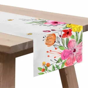 High Quality 100% Linen Custom Printed Bee Happy Floral Table Runner