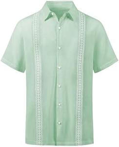 Chemise en lin pour homme pour l'été, style cubain Shagua Abella, design colorblock, brodée, à manches courtes, décontractée, col à revers, anti-rétrécissement - Product Image 4