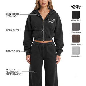 OEM Heavyweight Cotton Solid Women's Vintage Wash <b>Cropped</b> <b>Zip</b>-<b>Up</b> Hoodie & Flared Pants Streetwear Set Custom Logo Oversized - Product Image 3