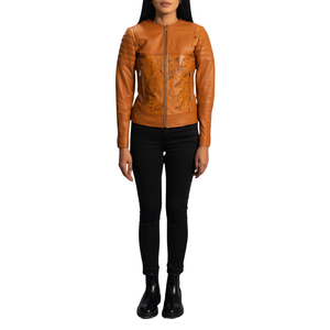 Chaqueta de Motociclista de Cuero Genuino Color Bronceado para Mujer, con Cuello Alto y Cierre, Estilo Biker, con Estampado - Product Image 1