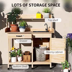 Tavolo da Lavoro da Esterno con Lavello, Armadietto Contenitore e Ganci - Banco da Giardinaggio Naturale per Serra, Giardino e Patio - Product Image 4