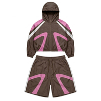 Custom heren outdoor hiking windbreaker softshell shorts set navy blauw bruin roze kleurblok hooded jas waterdicht sport