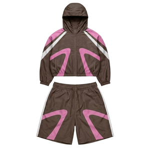 Ensemble short et veste coupe-vent de randonnée pour homme, personnalisé, bleu marine, marron, rose, color block, à capuche, imperméable, sport, commande en gros - Product Image 1
