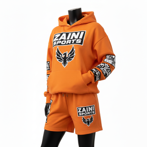 Conjunto de Sudadera con Capucha y Pantalones Cortos para Mujer, 320 GSM, Felpa de Algodón Premium, Diseño con Paneles Naranjas, Estampado Puff, Logotipo Personalizado, Ropa Urbana - Product Image 4