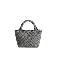 Tas Kulit Anyaman Tangan Mewah Wanita Warna Blok Mini Top Handle Tote Purse dengan Tali Lepas Pasang