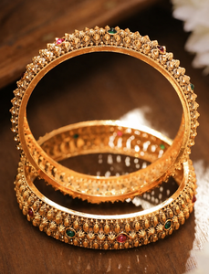 Women's 24K Gold Plated Brass Bangles Set with Zircon Stones Classic Floral Design Wedding Bridal Jewelry - Product Image 3
