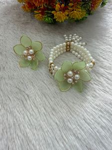 Handcrafted Mint Green Floral Jewelry Set Elegant Multi Strand Faux Pearl <b>Bracelet</b> and Matching Statement Flower Ring for Women - Product Image 2
