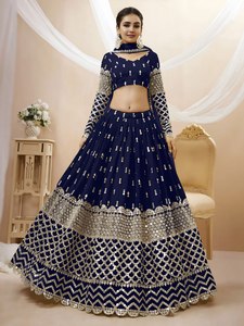 Navy Blue Georgette <b>Lehenga</b> Choli Embroidered Dupatta Women Party Ethnic Dress - Product Image 3