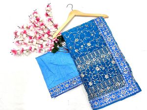Blue Designer Heavy Fox Georgette <b>Saree</b> With Pedding Print Work For Women Indian Traditional Bridal Wedding Wear Ethnic Wear - Product Image 5