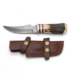 Cuchillos de caza de hoja fija con mango de castaño acanalado, anillos de color y funda marrón para viajes de camping y tareas al aire libre - Product Image 6