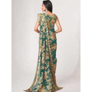 Magnifique Saree classique à imprimé floral bleu saree avec chemisier Matériaux d'emballage en organza - Product Image 5