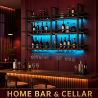 Porte-bouteilles mural avec éclairage LED, étagère à vin en métal et bois avec porte-verres pour bar à domicile, présentoir à 3 niveaux