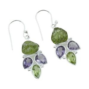 Pendientes colgantes de plata de ley 925 con múltiples piedras preciosas para boda/fiesta/accesorio de regalo de mayorista de India - Product Image 1