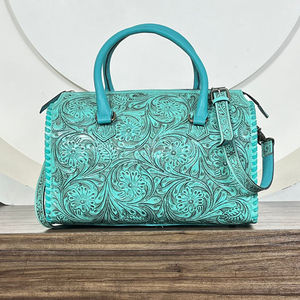 New Hand Tooled Leather Adjustable Speedy Duffel <b>Bag</b> Outdoor Activity Zipper Closure Card Design Genuine Cow Leather Duffle <b>Bags</b> - Product Image 5