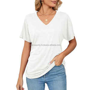 Jersey informal Color sólido Verano Nuevo diseño Cuello en V Moda Manga corta Señoras Manga corta Camiseta holgada de gran tamaño para mujer - Product Image 5