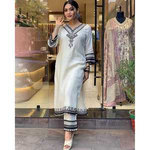 DESIGNER MOUSSELINE IMPRIMÉ NUMÉRIQUE TOP DE TRAVAIL AVEC BAS BLANC - Product Image 6