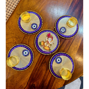 Ensemble de porte-bougies à bougies chauffe-plat Ganesha et Œil protecteur faits à la main - Décoration traditionnelle indienne pour la maison et cadeau de Diwali - Ensemble de 4 plateaux festifs - Product Image 4