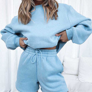 Ensemble court en molleton épais 100 % coton pour femme, coupe classique, style streetwear, couleur unie, écologique, vente en gros - Product Image 4