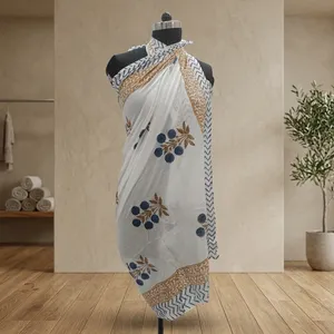 White Blue Floral Hand Block Printed Cotton Sarong Scarf with Mustard Border Lightweight <b>Beach</b> <b>Wrap</b> Stole for Women - Product Image 6