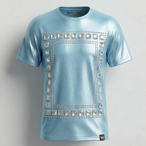 เสื้อยืดสตรีทแวร์ผู้ชายผ้าฝ้าย 100% ประดับคริสตัลหรูหรา ไซส์ใหญ่ สีเงินเมทัลลิก - Product Image 1