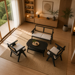 Juego de Muebles de Salón Modernos Escandinavos Malmo de Teca y Ratán con Acabado Negro, Mesa de Centro Ovalada Premium, Estante, Sofá de Mimbre para Hotel o Salón - Product Image 6