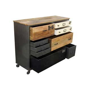 Commode d'appoint industrielle multi-tiroirs L 120 cm en bois de récupération et métal, fabriquée à la main, meuble de rangement mobile facilement déplaçable, style antique pour salon - Product Image 5