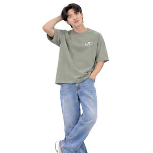 <b>Men's</b> Oversized Sage <b>Green</b> Crew Neck <b>T</b> <b>Shirt</b> with Relaxed Fit Light Blue Jeans Casual Streetwear Outfit - Product Image 6