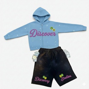 Custom Streetwear Tracksuit <b>Set</b> Heavyweight Zip Up <b>Hoodie</b> <b>and</b> Distressed <b>Shorts</b> 2 Piece <b>Set</b> <b>Men's</b> Hip Hop Chenille Embroidery - Product Image 1