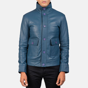 Veste en cuir véritable bleue pour homme, col montant, fermeture à boutons, style décontracté, coupe ajustée, longueur standard, pour l'automne - Product Image 1