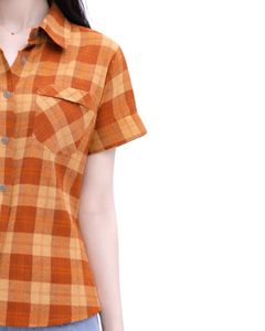 Custom Orange And Beige Plaid Womens Short Sleeve Button Up Shirt Casual Summer Lightweight Breathable <b>Checkered</b> <b>Top</b> With Pocket - Product Image 2