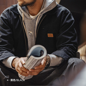 Men's Black Canvas Workwear Jacket with Solid Lining Hooded Breathable <b>Covered</b> <b>Button</b> Closure Regular Fit Winter Wear Logo - Product Image 5