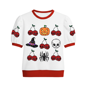 Pull en coton de haute qualité pour femme, coupe oversize, col rond, broderie cerise et citrouille, collection automne-hiver, idéal pour Halloween - Product Image 1