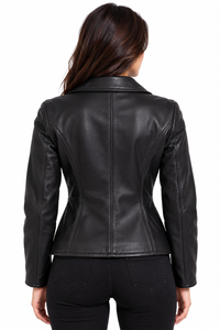 Chaqueta de cuero personalizada para mujer, chaqueta de piel de oveja auténtica, con cremallera, corte ajustado, color negro, chaqueta premium para mujer, chaqueta estilo motociclista - Product Image 3