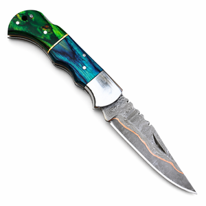 Couteau pliant de camping fait main à lame droite en acier Damas cuivré, avec étui en cuir de qualité DIY - Product Image 1