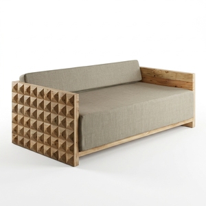 Dice Double <b>Sofa</b> Modern <b>Wooden</b> Two Seater Couch With 3D Geometric Carved Armrest Luxury Minimalist Home Living Room Furniture - Product Image 1
