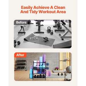 Organizzatore per Attrezzature da Palestra Domestica, Supporto per Tappetini Yoga in Acciaio Verniciato a Polvere con Ganci e Ruote, Scaffale Portaoggetti per Tappetini Yoga - Product Image 5