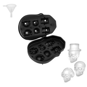 Moule à glaçons en silicone noir flexible en forme de crâne à 6 compartiments, pour la congélation, avec entonnoir et 3 outils à crème glacée - Product Image 1