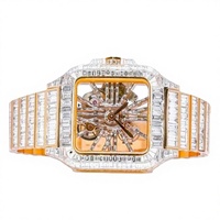 Montre mécanique automatique de luxe pour homme, style Hip Hop, analogique, en acier inoxydable bicolore, avec cadran squelette carré, sertie de moissanite baguette et verre, finition glacée