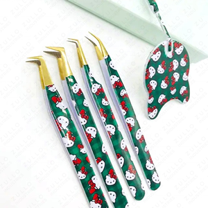 Juego de 4 Pinzas para Extensión de Pestañas con Diseño de Gatito, Acero Inoxidable Verde, Herramientas para Pestañas con Espejo, Diseño Bonito, Recubrimiento de Papel, Personalizadas - Product Image 4