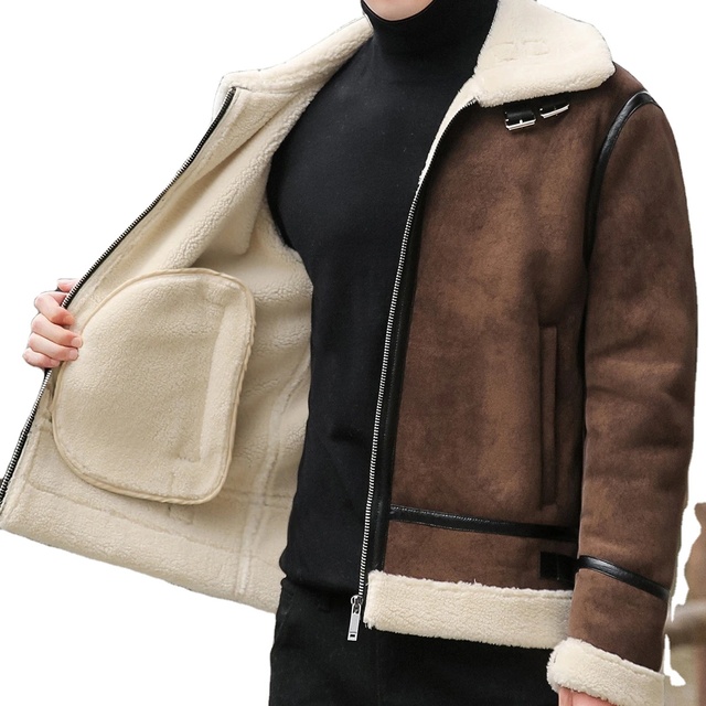 New Coat for Men's Motorcycle Winter Retro Bomber Pilot Jacket with Suede Collar Faux Lamb Wool Lining Warm Leather Jacket