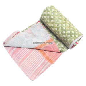 Vintage Kantha <b>Quilt</b>, Sari Coverlet <b>Throw</b> Recycle Fabric Mix Lot Indian Reversible Hand Stitched Heavy <b>Throw</b> Old Sari Blanket - Product Image 6