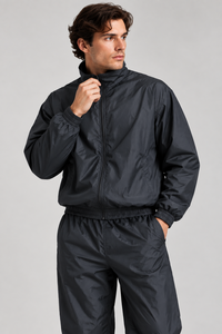 Veste de survêtement noire coupe-vent zippée pour homme avec poches, coupe droite, décontractée, col montant, en polyester tissé, pour l'automne - Product Image 2